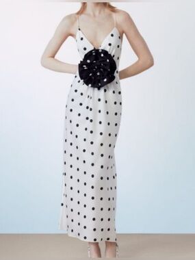 Sfera White and Black Polka Dot Slip Dress with Black Rosette